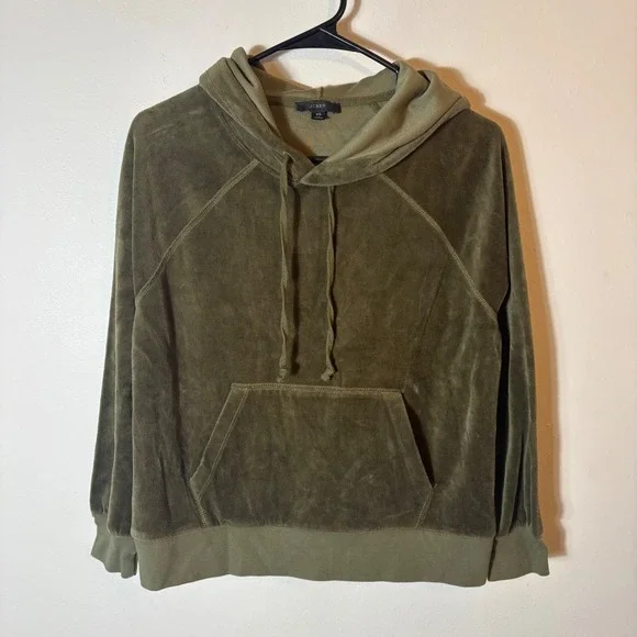 J. Crew Relaxed Velour Hoodie Olive Green Pullover Sweatshirt XS Style BA367 - Picture 1 of 5